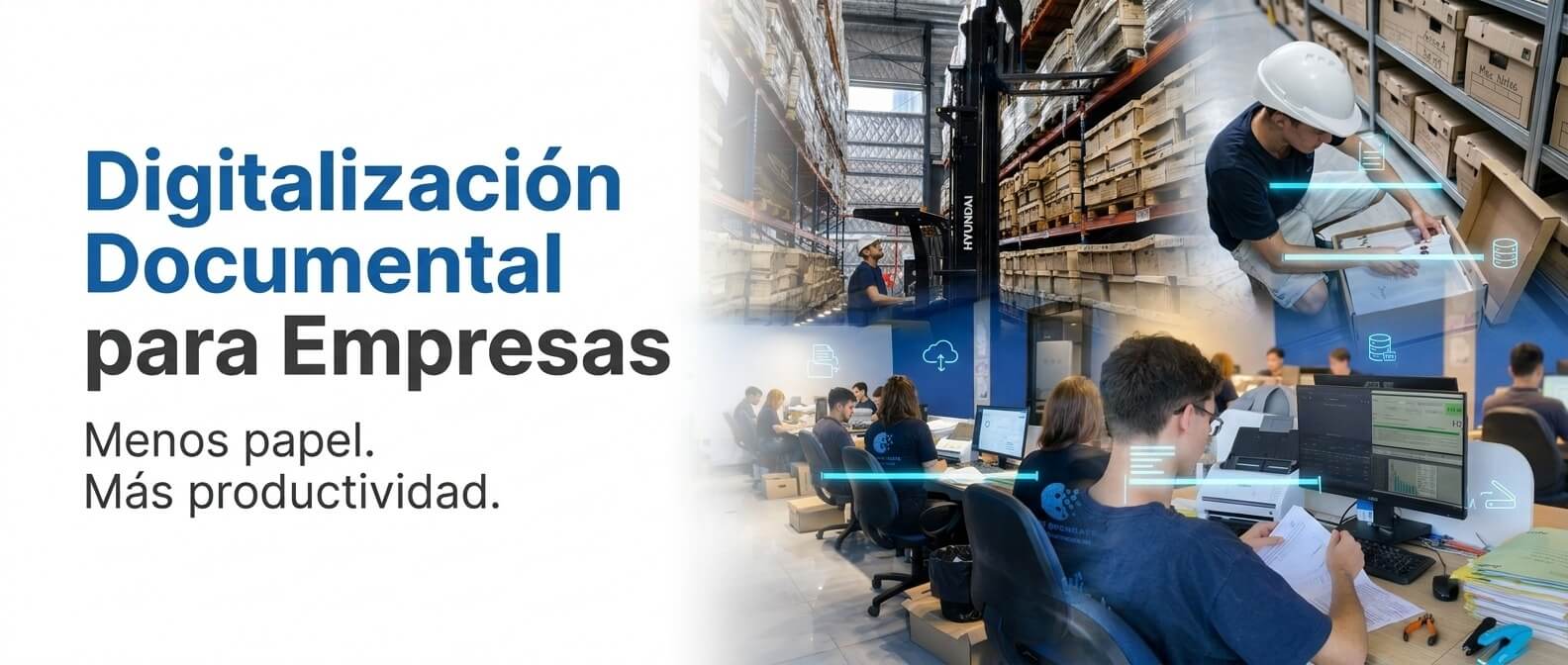 Blue Open Data: digitalización documental para empresas, almacén y equipo en oficina con escáneres y tecnología.